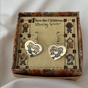 Sterling Silver Vintage Women's "Save the Children" Heart Dangle Drop Earrings